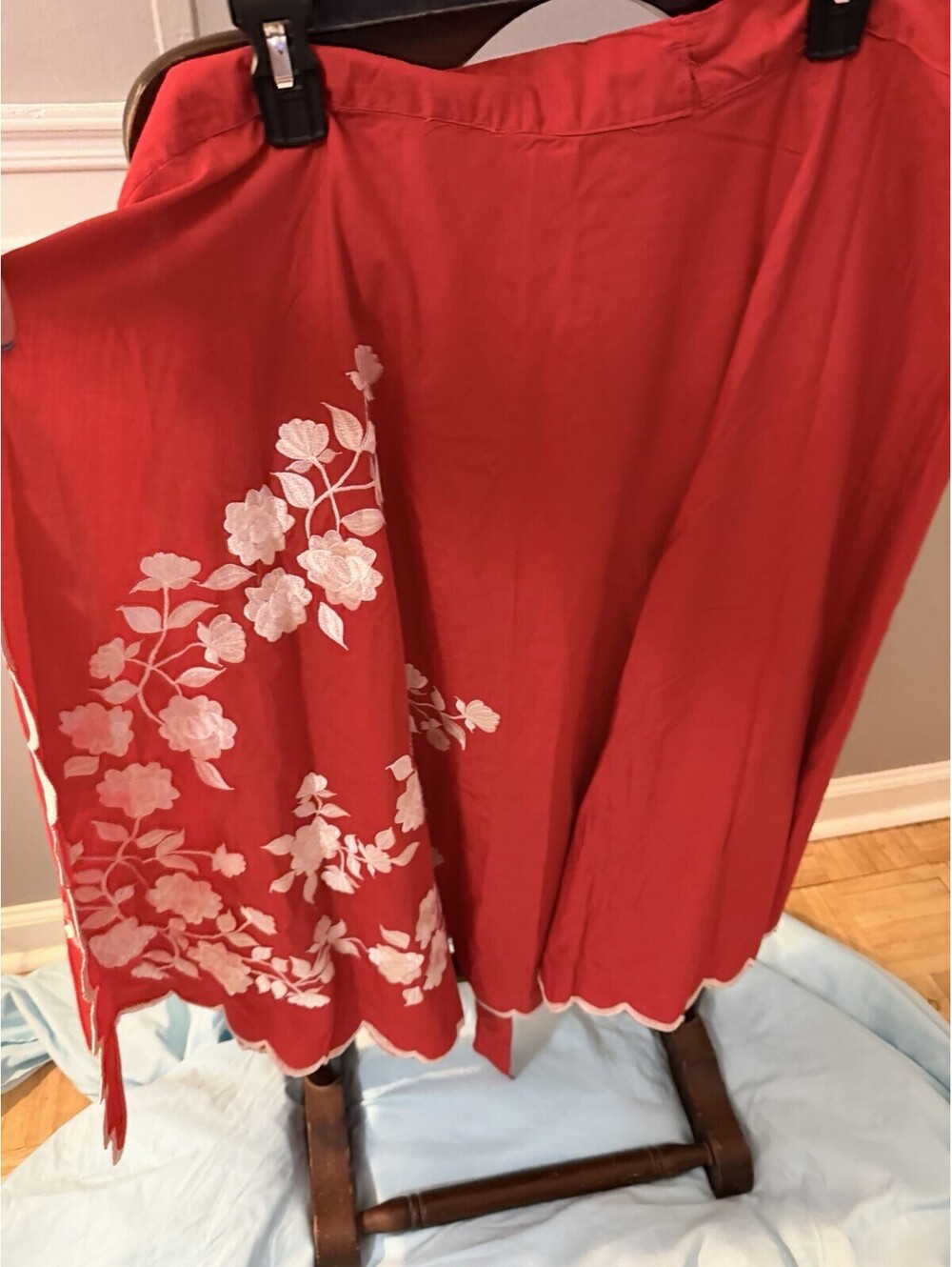 Vintage Red & White Skirt Apron Long Adjustable Waistband  Embroidered Floral
